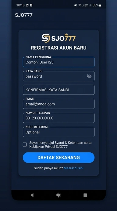Tampilan halaman daftar sjo777