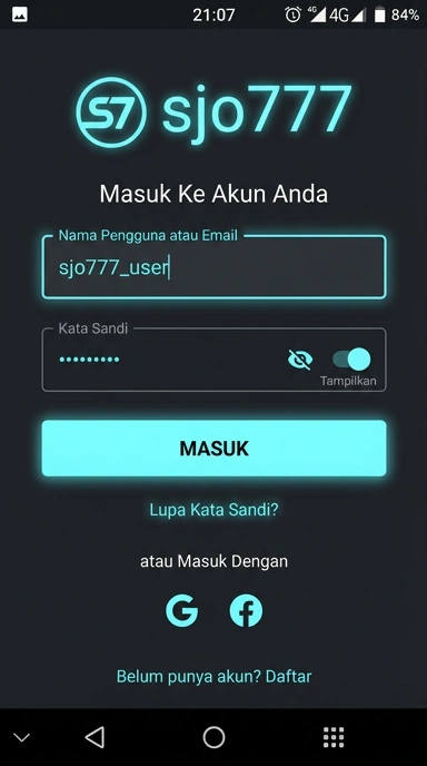 Tampilan halaman login sjo777